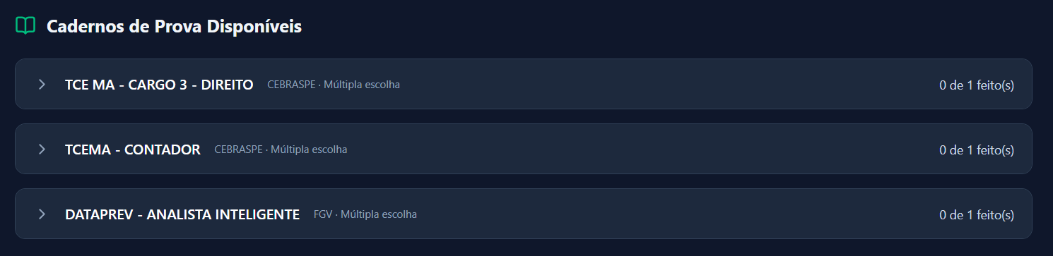Painel do aluno com os cadernos de prova disponíveis