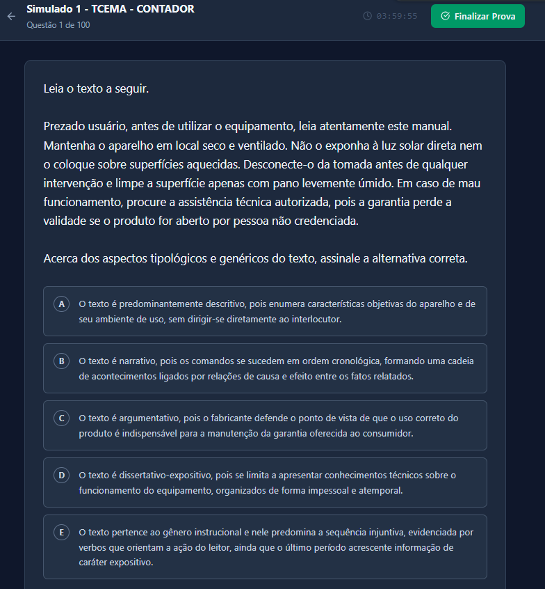 Tela de prova do simulado TCE-MA Contador, questão 1 de 100, com cronômetro